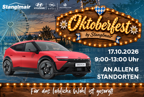 Gestaltetes Werbebild für das Stanglmair Oktoberfest am 17. Oktober mit einem roten Ioniq 3 und Oktoberfeststimmung