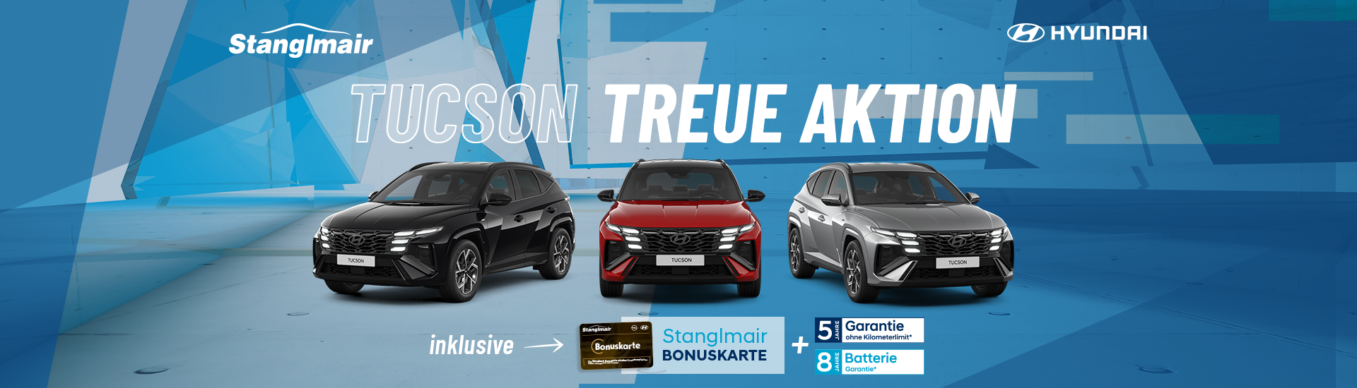 Drei Hyundai TUCSON Modelle auf blauem Hintergrund. Beworben wird die TUCSON Treue Aktion