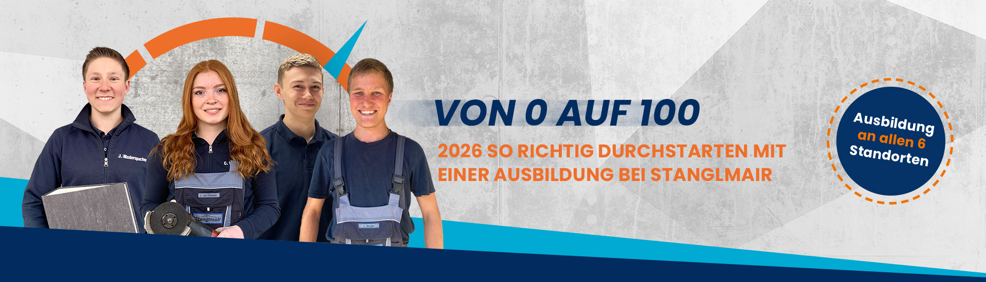 Grau-orange-blau gestalteter Hintergrund, auf dem drei Auszubildende abgebildet sind. Auf dem Bild steht "Von 0 auf 100. 2026 so richtig durchstarten mit einer Ausbildung bei Stanglmair. Ausbildung an allen 6 Standorten"